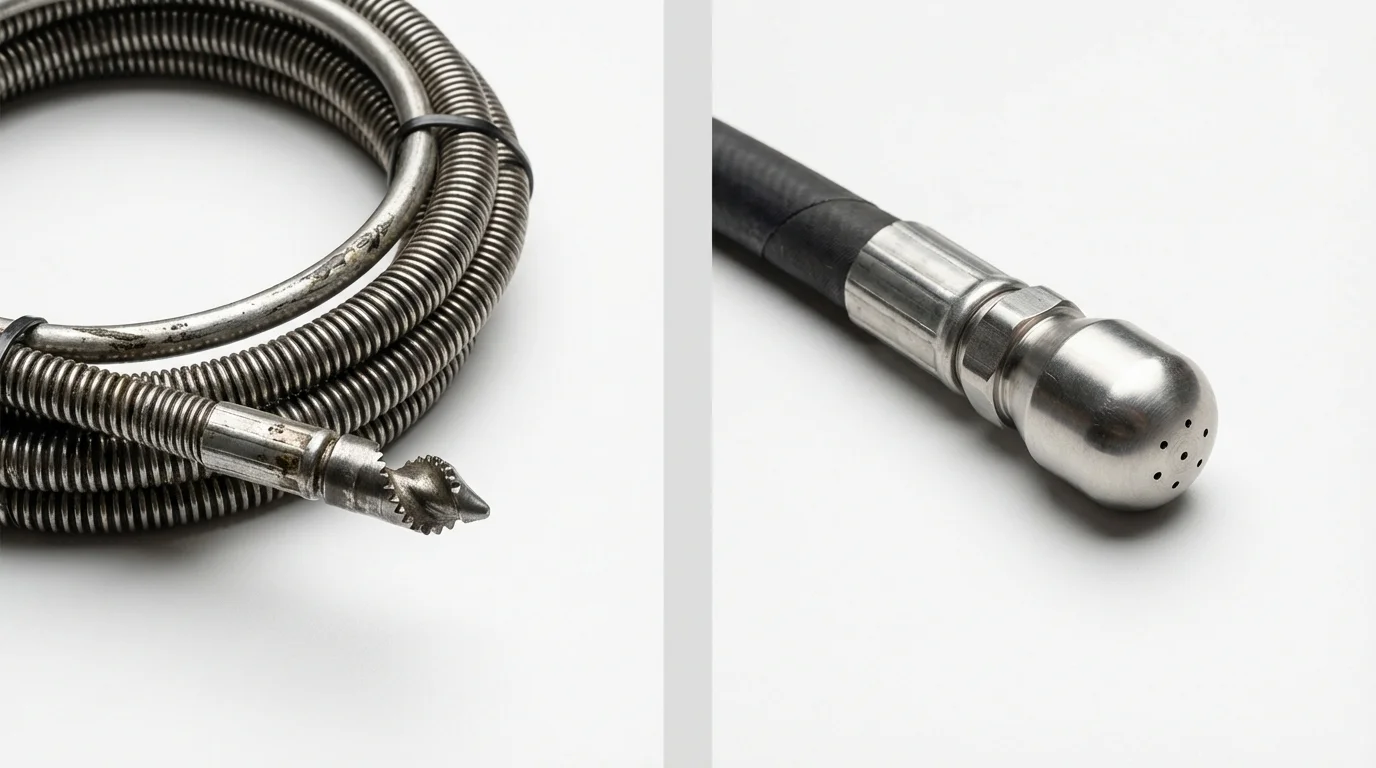 Drain snake cable and hydro jetting nozzle used for drain cleaning in Bridgman, MI