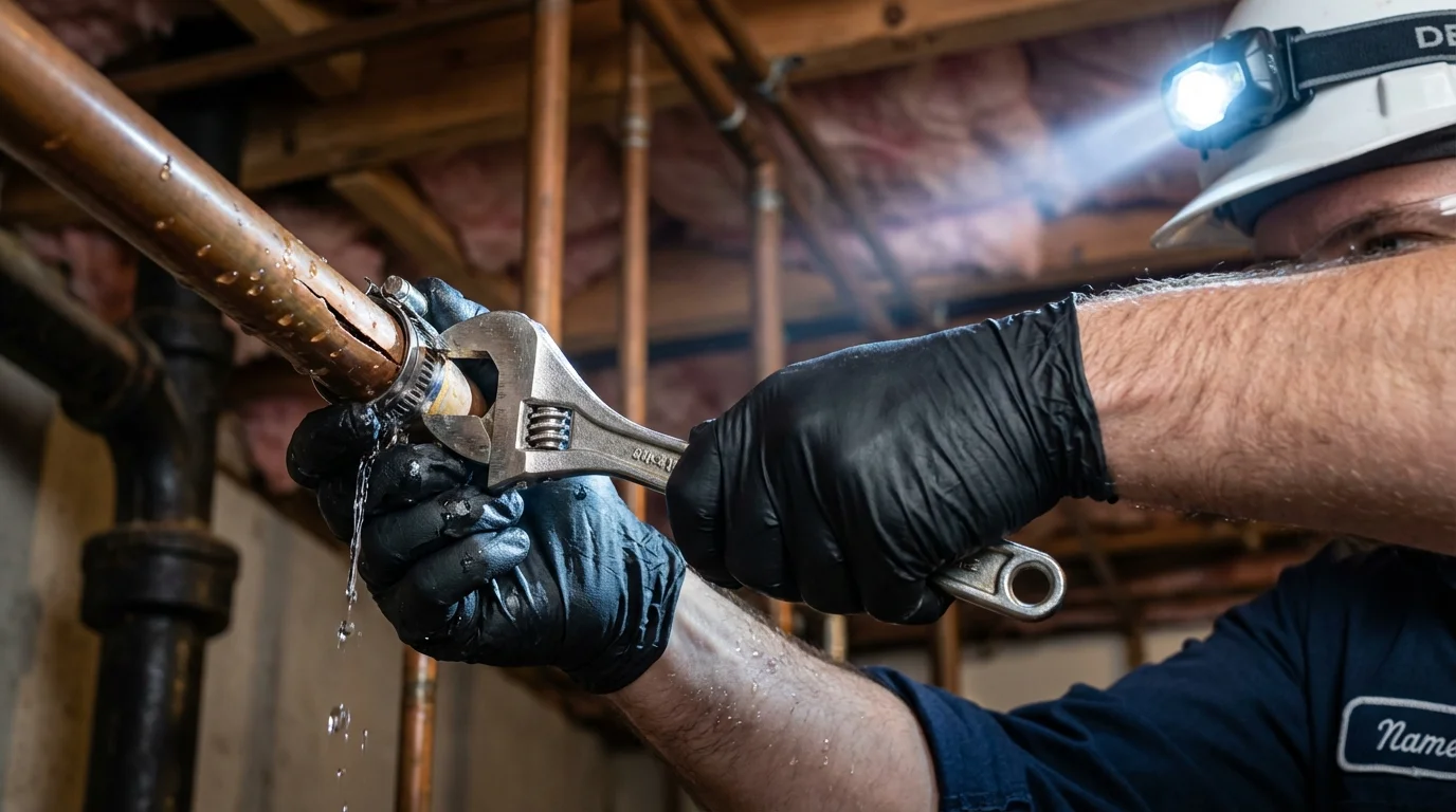 Emergency pipe clamp repair being performed by a Johns Plumbing LLC plumber in Bridgman