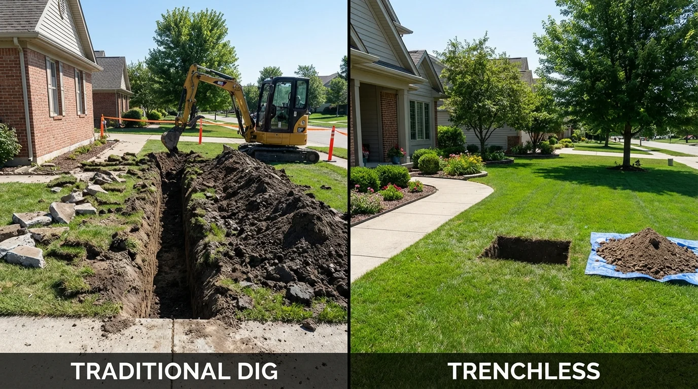 Trenchless sewer repair with minimal yard damage versus traditional excavation in Bridgman, MI